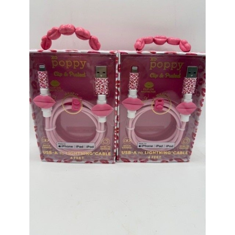 XO Poppy USB A Cable 4ft iPhone Charger Pink Lips 2 Pack NEW
